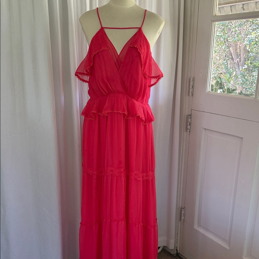 Elegant Coral Ruffle Maxi Dress